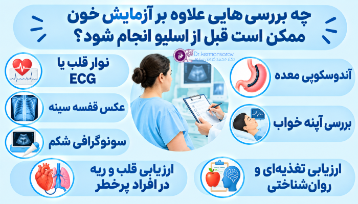 چه بررسیهایی علاوه بر آزمایش خون ممکن است قبل از اسلیو انجام شود؟