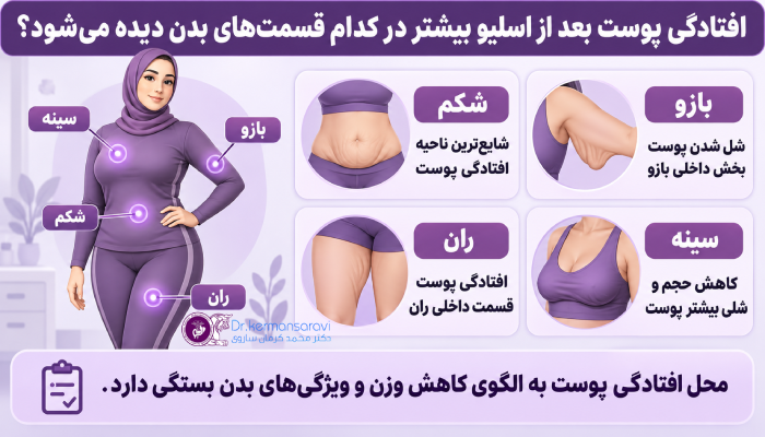 افتادگی پوست بعد از اسلیو بیشتر در کدام قسمتهای بدن دیده میشود؟